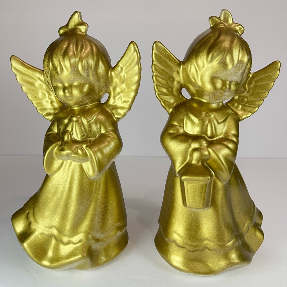 Vintage set of ceramic Christmas angels painted antique gold
